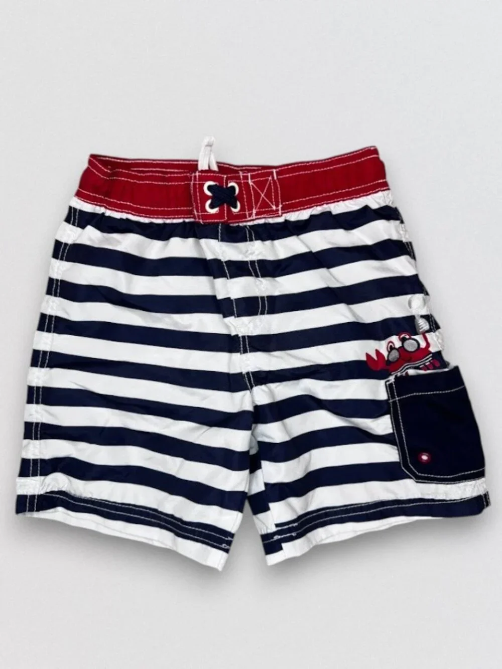 Boys Striped Swim Trunks Crab Pocket Red White Blue Size 3T